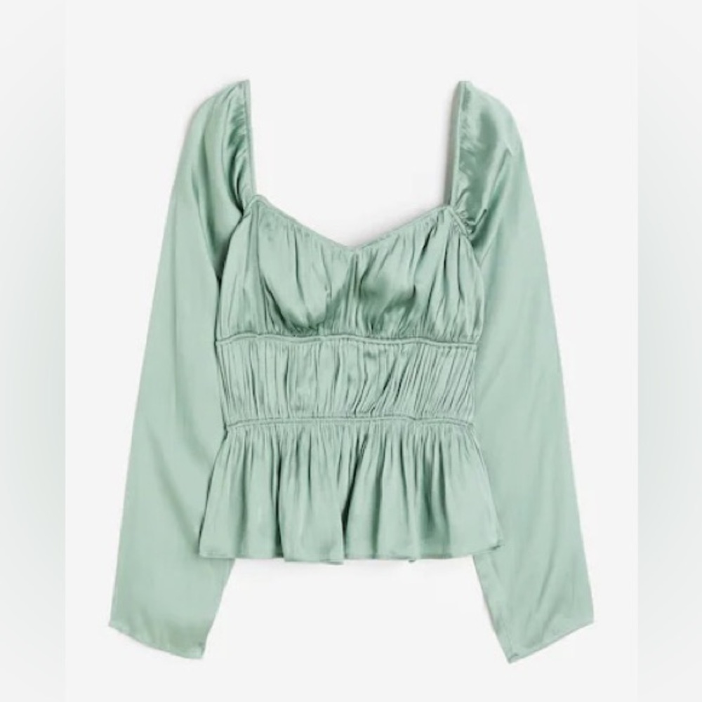 H&M Light Mint Green Ruched Peplum Long Sleeve Blouse